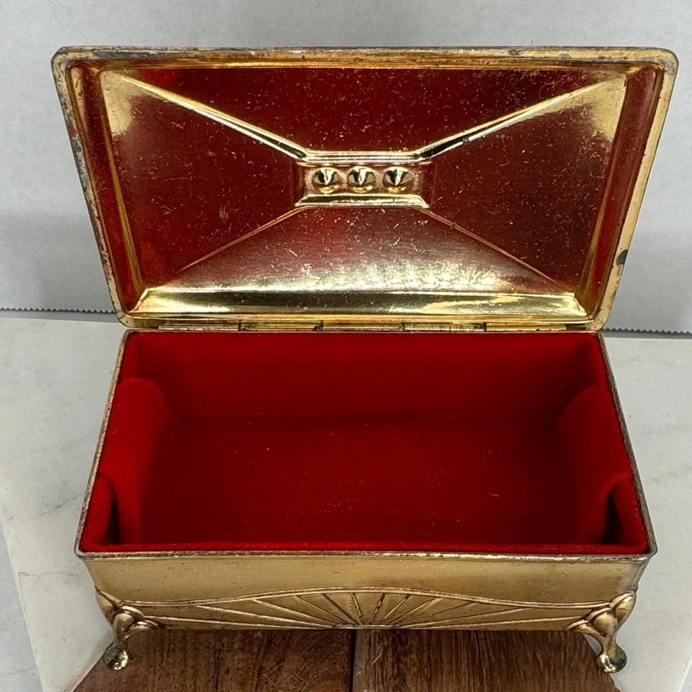 Estate Brass Jewelry Velvet Lined Casket with Gem Accents